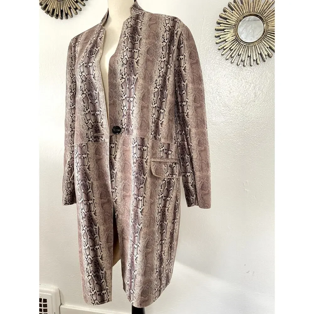 Blank NYC Python Print Faux Suede Longline Duster Coat Neutral Taupe Womens Sm